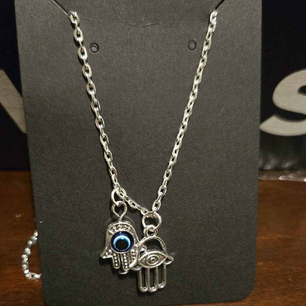 Silver Hamsa Hand Necklace with Blue Eye Charm